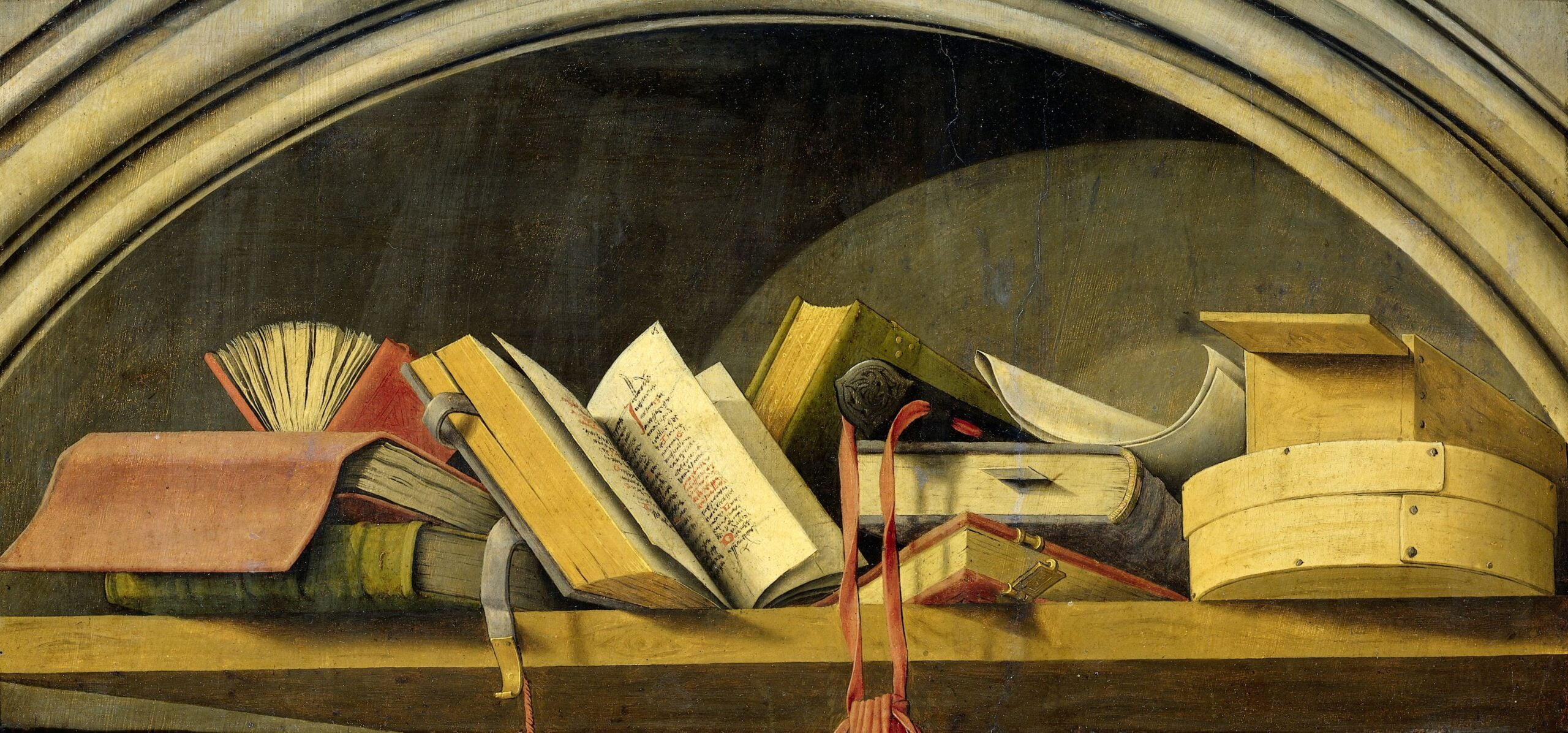 Superoud notitiesysteem. Stilleven met boeken in een nis, Barthélémy d'Eyck, 1442 - 1445