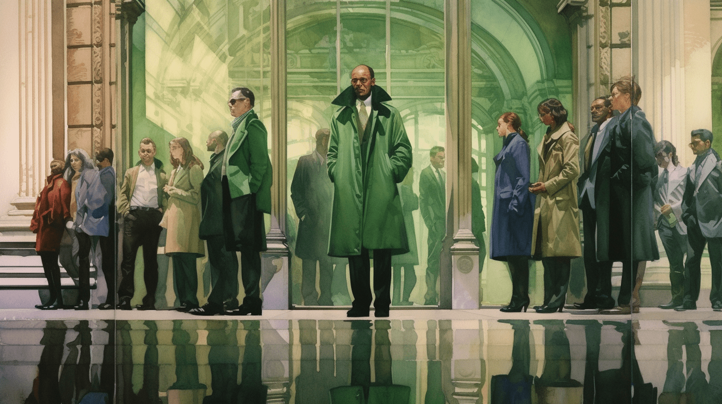 a pencil and watercolor painting, a group of male and female journalists wearing trenchcoats, at a press conference in front of a majestic building, they are standing in front of a mirror that is reflecting them, green accents, --ar 16:9 --v 5.1