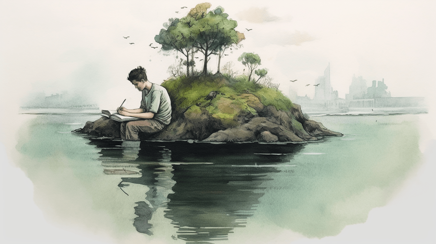 a pencil and watercolor painting of a person sitting on an island in a lake, seen from the side, he's writing in a little black book, green accents, --ar 16:9 --v 5.1