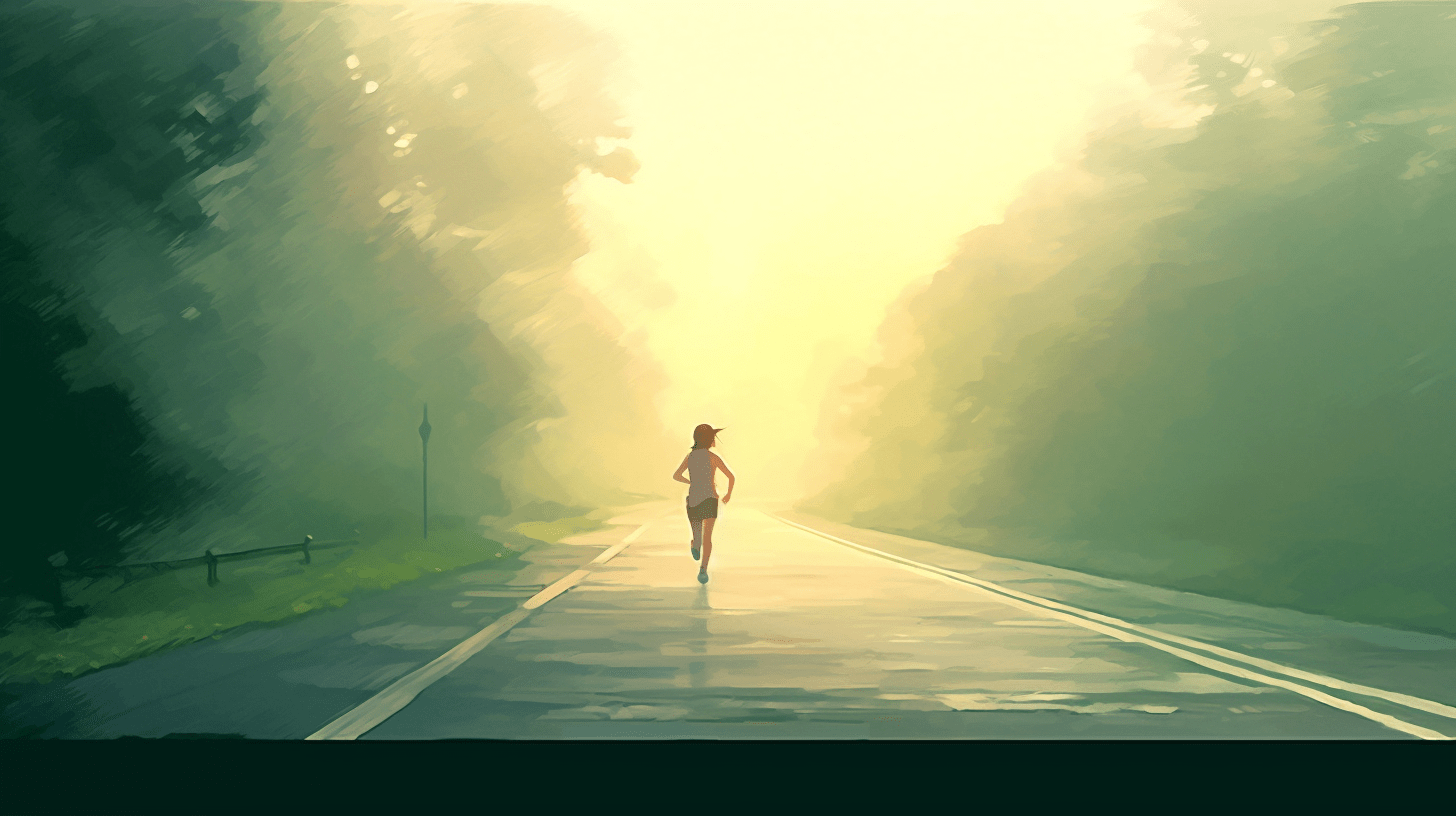 a pencil and watercolor painting, a female runner seen from the back, on a road, there's fog all around, sunrise, it all looks very motivational, green accents, --ar 16:9 --v 5.1